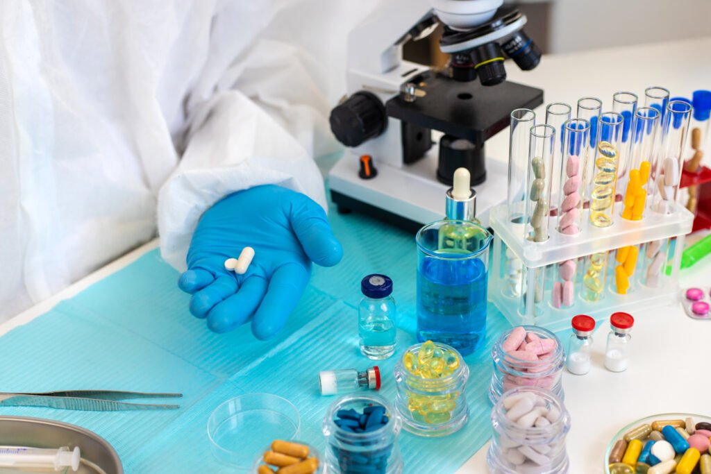 examine drugs in the laboratory. selective focus.