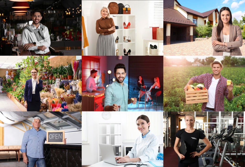 confident people of different occupations, collage of portraits