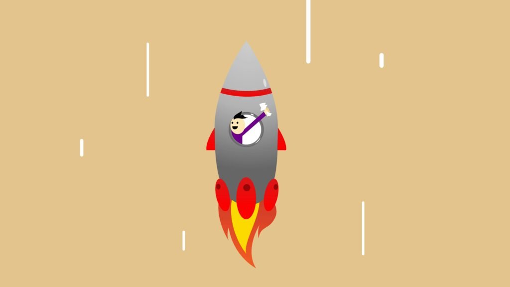 A cartoon of a man in a rocket ship, symbolizing ambition and success.
